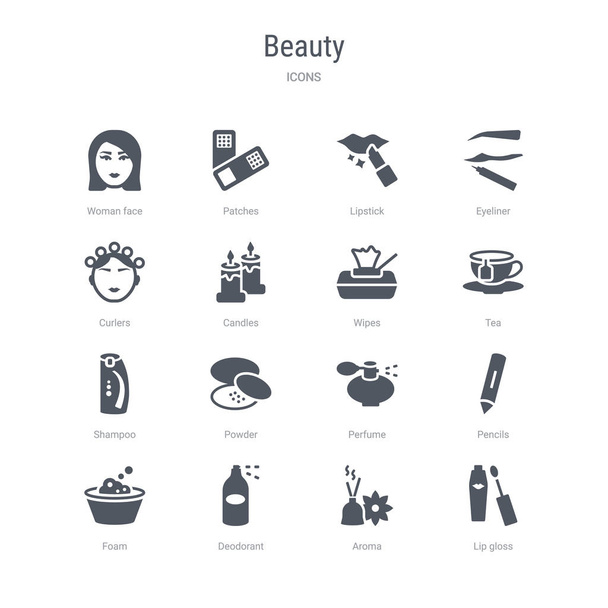 zestaw 16 ikon wektorowych, takich jak błyszczyk, aromat, dezodorant, pianka - Wektor, obraz