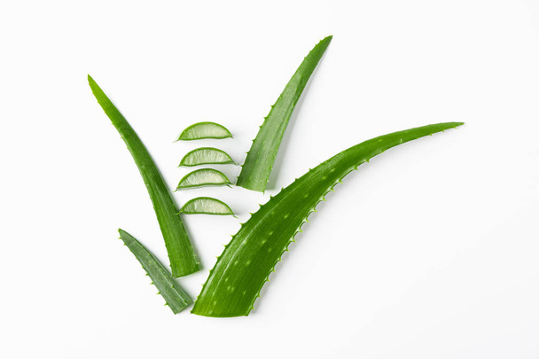 Aloe vera leaves and slices on white background, space for text. - Fotoğraf, Görsel