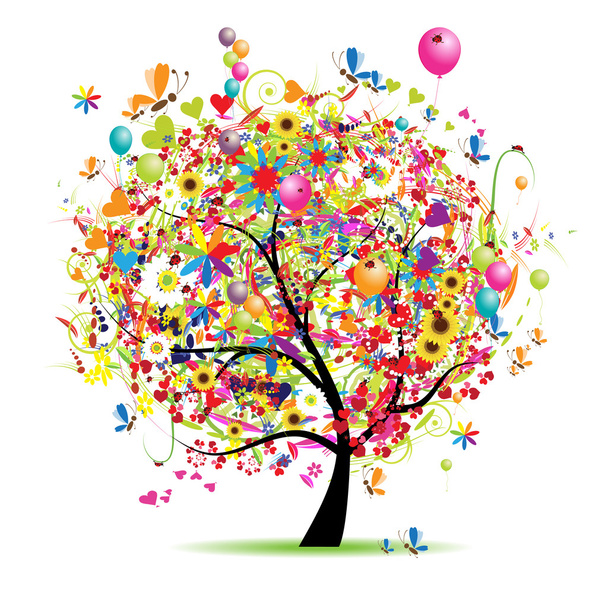 幸せな休日、風船と面白いツリー - ベクター画像