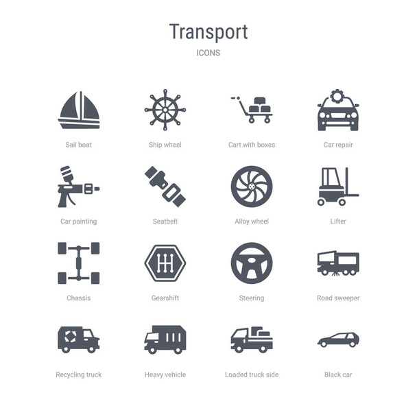 set of 16 vector icons such as black car, loaded truck side view - Вектор, зображення