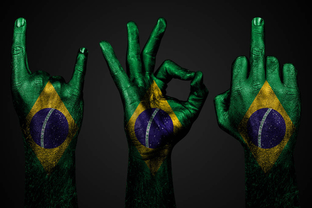 un ensemble de trois mains avec un drapeau peint Brésil montrer majeur, chèvre et Ok, un signe d'agression, de protestation et d'approbation sur un fond sombre
. - Photo, image