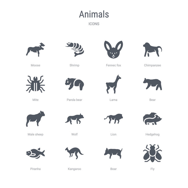 set of 16 vector icons such as fly, boar, kangaroo, piranha, hed - Vector, Image
