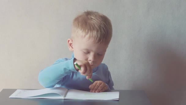 two year old boy is drawing with marker at album - Imágenes, Vídeo