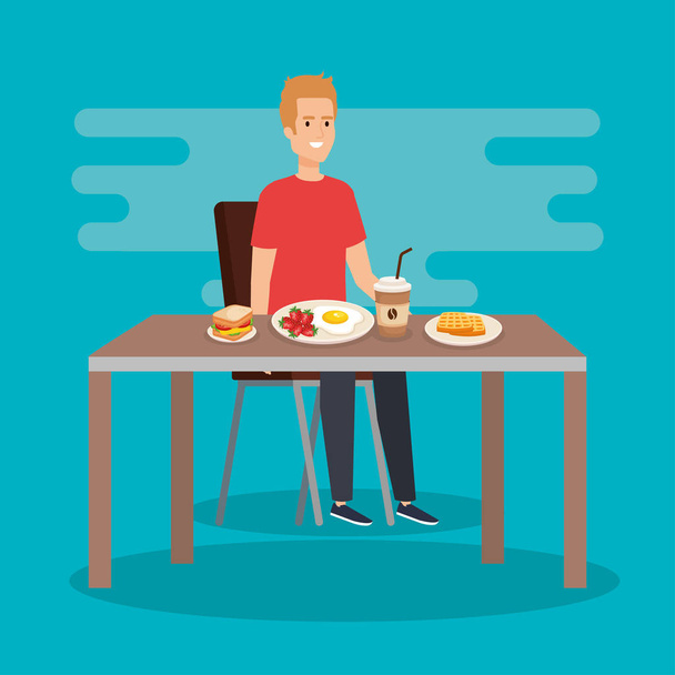 casual man eating sandwich with coffee - Vector, Image