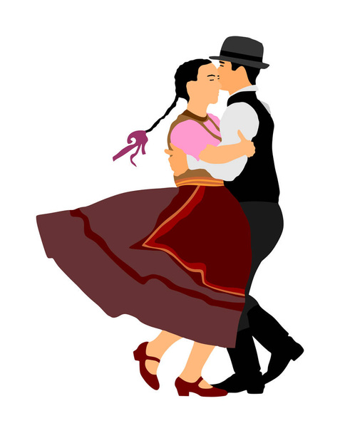 Εικονογράφηση ζευγαριού Ούγγρων λαϊκών χορευτών. Η Γερμανική Λαϊκή χορεύτρια ερωτευμένα ζευγάρι. Ζευγάρι αυστριακών λαϊκών χορευτών. Λαογραφία της Ανατολικής Ευρώπης. Βαλκανικός λαϊκός χορός. Παραδοσιακό γαμήλιο γεγονός. - Διάνυσμα, εικόνα