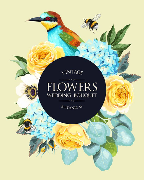 Tarjeta Vector Vintage con flores y pájaro
 - Vector, imagen