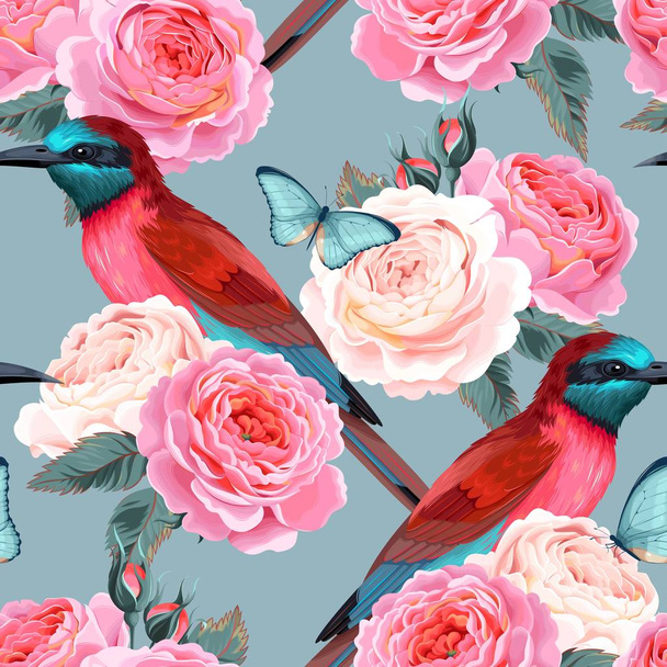 鳥やバラとベクトルシームレスなパターン - ベクター画像