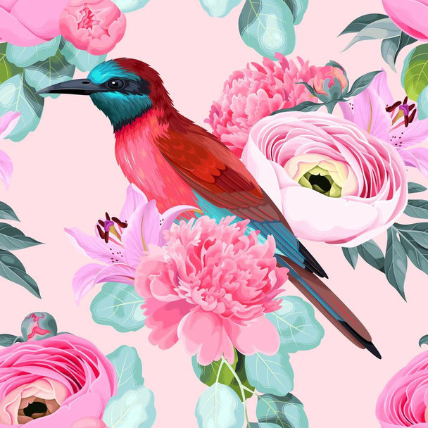 Vector seamless pattern with birds and roses - Vector, Image