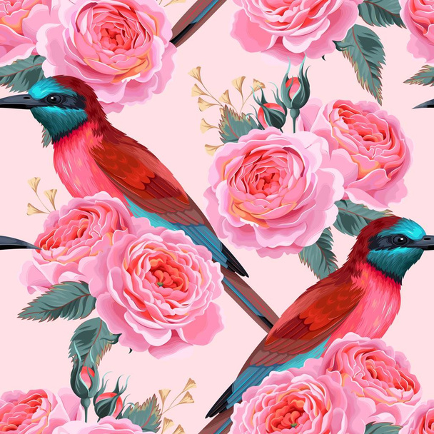 Vektor nahtloses Muster mit Vögeln und Rosen - Vektor, Bild