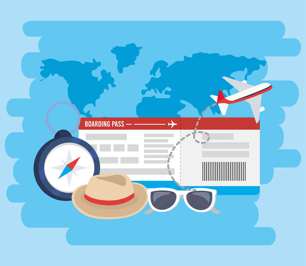 airplane with ticket and chronometer to adventure vacation - Vector, Image