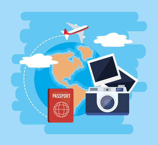 fotoğraflarla pasaport ve kamera ile küresel harita - Vektör, Görsel