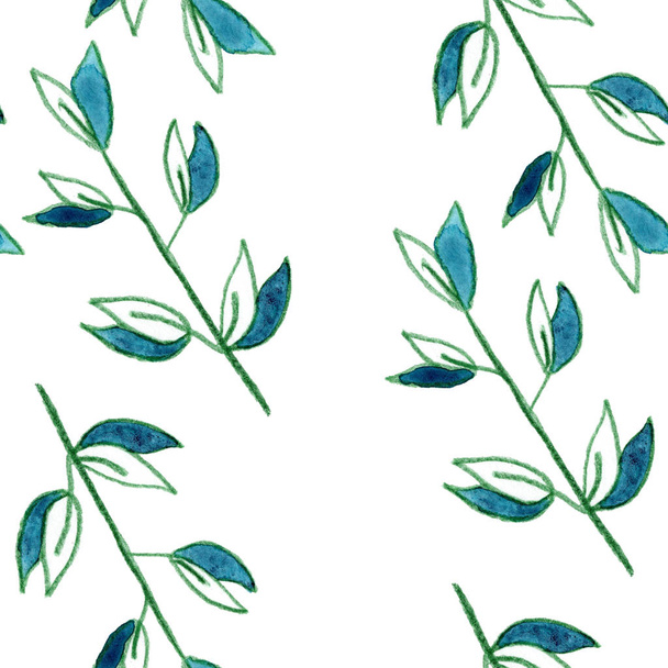 green blue herbal leaves drawing graphic art pattern texture textile wallpaper - Foto, afbeelding