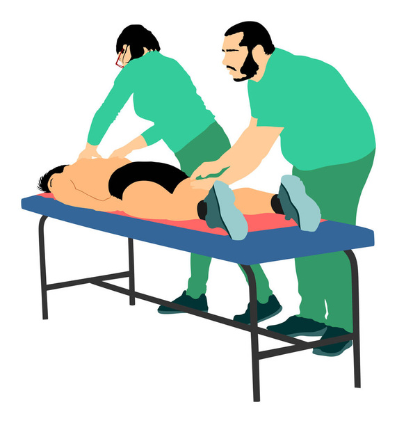 Physiotherapist and patient in rehabilitation center vector. Doctor supports sportsman during physiotherapy treatment. Physical exercises, back massage and chiropractic. Lying on massage table enjoy. - Vector, Image
