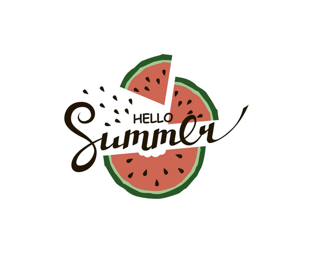 emblem of hello summer lettering with watermelon isolated on white background - Vektor, kép