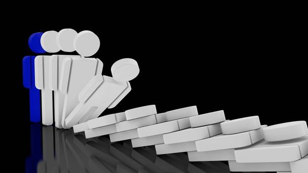 3D image of a series of human figures that fall one by one, Domino effect. The idea of addiction, crisis and health. 3D rendering on a black background. - Photo, Image