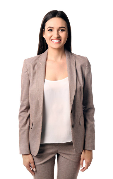 Portret van gelukkige zakenvrouw poseren op witte achtergrond - Foto, afbeelding