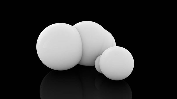 3D rendering of many scattered white balls on a black reflective surface. Futuristic image of abstract geometric shapes. - Foto, Bild