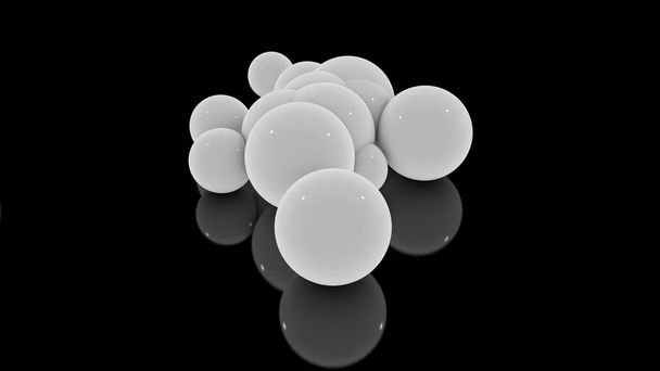 3D rendering of many scattered white balls on a black reflective surface. Futuristic image of abstract geometric shapes. - Photo, Image