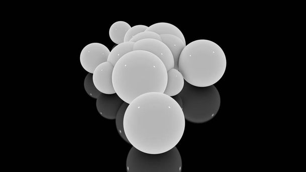 3D απόδοση πολλών διασκορπισμένες λευκές μπάλες σε μια μαύρη ανακλαστική επιφάνεια. Φουτουριστική εικόνα των αφηρημένων γεωμετρικών σχημάτων. - Φωτογραφία, εικόνα