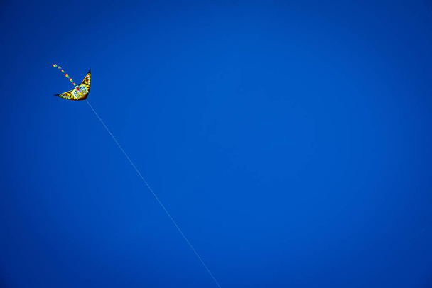 Πολύχρωμος χαρταετός με μακριά ουρά που πετάει στον γαλάζιο ουρανό  - Φωτογραφία, εικόνα