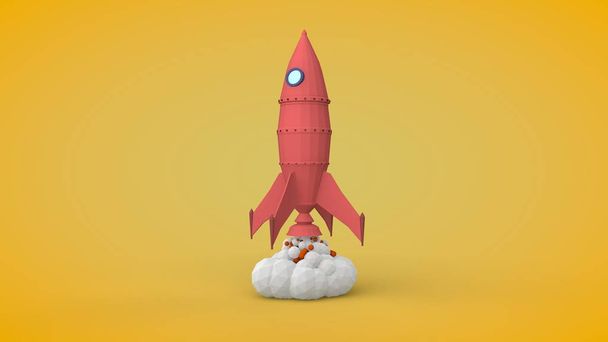 Illustration 3D du modèle de fusée dans le style low poly. Un jouet. La fusée spatiale sur le pas de tir s'envole du port spatial. Image stylisée de fumée sous forme de boules de polyèdre. rendu 3D
. - Photo, image