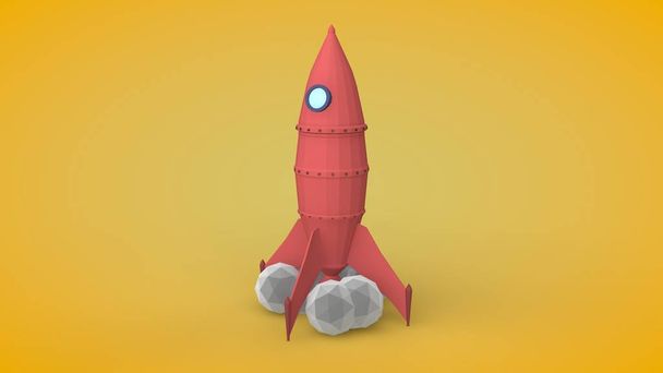 3D illustration of the rocket model in the style of low poly. Toy. Space rocket on the launch pad flies up from the spaceport. Stylized image of smoke in the form of balls of polyhedra. 3D rendering. - Photo, Image