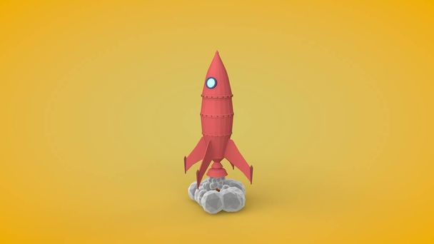 ilustracja 3D modelu rakietowego w stylu Low Poly. Zabawka. Rakieta kosmiczna na wyrzutni leci z portu kosmicznego. Stylizowany wizerunek dymu w postaci kulek z Polyhedra. Renderowanie 3D. - Zdjęcie, obraz