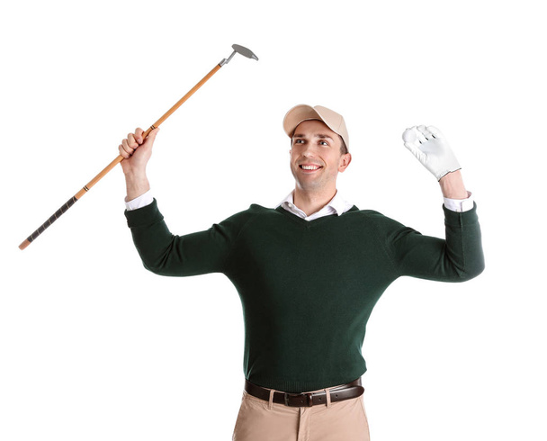 Joven con palo de golf sobre fondo blanco
 - Foto, Imagen