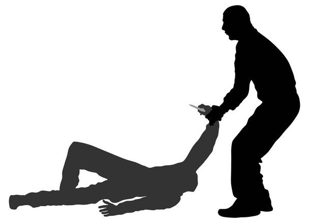 Self defense battle vector silhouette. Man fighting against aggressor with knife. Krav maga demonstration in real situation. Combat for life against terrorist. Army skill in action. Policeman arrest. - Vector, Image