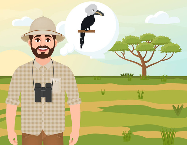 Šťastný muž v korkové čepici, lovec zvířat přemýšlí o africkém bílém šaškáku Hornbill, Safari krajině, deštníku, africkém venkově, na ilustraci - Vektor, obrázek