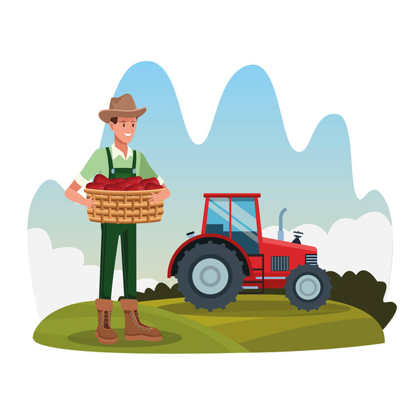 Farmer mezőgazdasági vidéki rajzfilmek díszletek - Vektor, kép