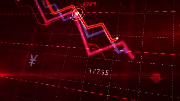 Χρηματιστηριακές αγορές κάτω δυναμικό διάγραμμα σε δυναμικό κόκκινο φόντο. Έννοια της οικονομικής στασιμότητας, ύφεση, κρίση, επιχειρηματική συντριβή και οικονομική κατάρρευση. Καθοδική τάση 3D κίνηση. - Πλάνα, βίντεο