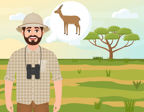 Šťastný muž v korkové čepici, lovec zvířat myslí na Gazelle Dorcas, zahradní Safari, akácie deštník, Africká krajina, vektorová ilustrace - Vektor, obrázek