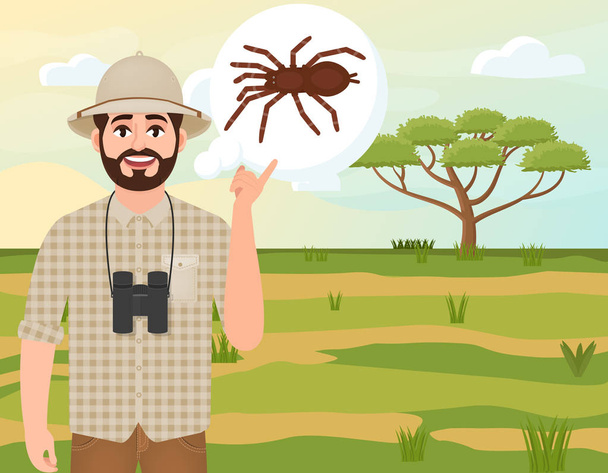 Šťastný muž v korkové čepici, lovec zvířat přemýšlí o pavouku, Safari krajině, akácii deštníku, africké krajině, vektorové ilustraci - Vektor, obrázek