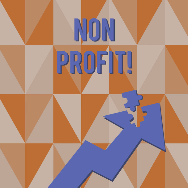 Text sign showing Non Profit. Conceptual photo not making or conducted primarily to make profit organization Colorful Arrow Pointing Upward with Detached Part Like Jigsaw Puzzle Piece. - Photo, Image