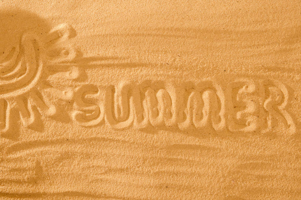 Sun on sand on beach holiday background sign concept, text summer - Foto, Bild