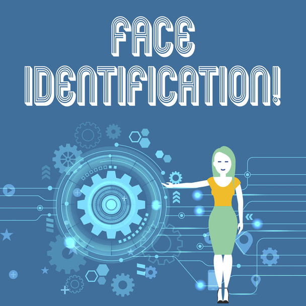Znak tekstowy przedstawiający identyfikację twarzy. Koncepcyjne zdjęcie analizy wzorców w oparciu o wykazanie s jest konturów twarzy kobieta stoi i prezentuje proces SEO z koła zębate koło wewnątrz. - Zdjęcie, obraz