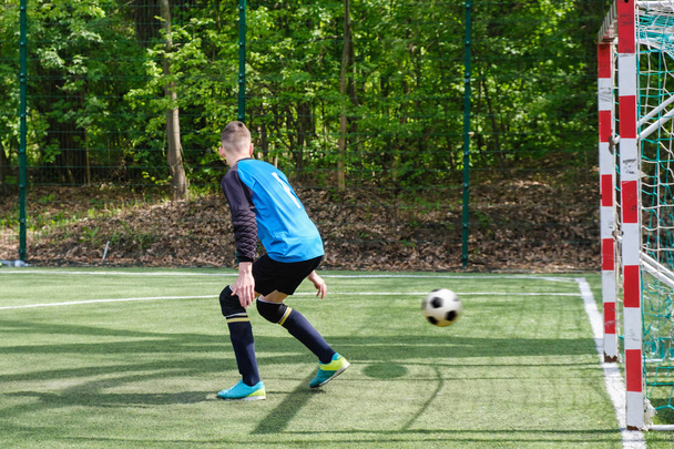Goalkeeper catches the ball. Stadium goalie sports play ground game, grass soccer keeper man, outdoorsc ompetition, - Fotoğraf, Görsel