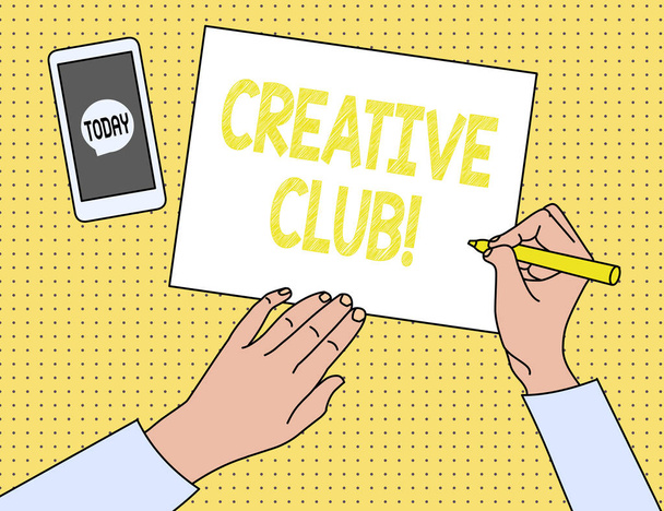 Tekstiä kirjoittava Creative Club. Liiketoimintakonsepti organisaatiolle, joka simuloi kiinnostusta luoviin ideoihin
. - Valokuva, kuva