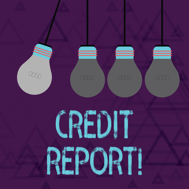 Writing note showing Credit Report. Business photo showcasing it is the detailed report of an individual s is credit history Color Pendant Bulb Hanging with One Different Shade Lightbulb. - 写真・画像