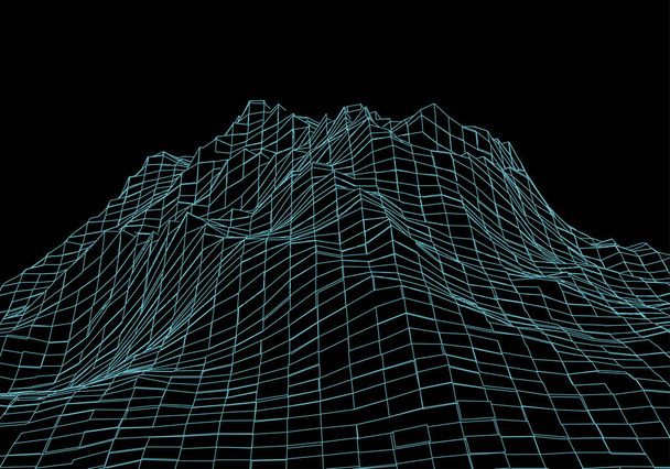 Montañas de paisaje 3D Wireframe. Cartografía futurista en 3D. Alambre de paisaje Wireframe. Rejilla ciberespacial
. - Vector, imagen