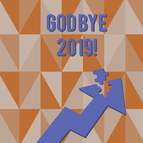 Text sign showing God Bye 2019. Conceptual photo express good wishes when parting or at the end of last year Colorful Arrow Pointing Upward with Detached Part Like Jigsaw Puzzle Piece. - Photo, Image