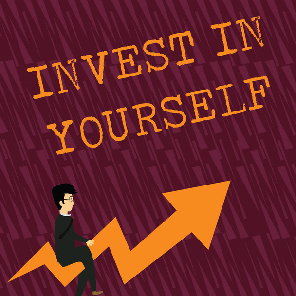 Text sign showing Invest In Yourself. Conceptual photo learn new things or materials thus making your lot better Businessman with Eyeglasses Riding Crooked Color Arrow Pointing Going Up. - Photo, Image