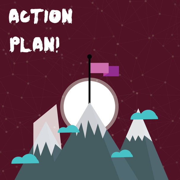 Word writing text Action Plan. Business concept for proposed strategy or course of actions for certain time Three High Mountains with Snow and One has Blank Colorful Flag at the Peak. - Photo, Image