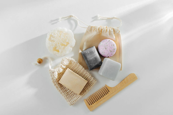 Eco natural Soap and Solid Shampoo Bars. Zero waste concept. Plastic free. Flat lay, top view - Foto, immagini
