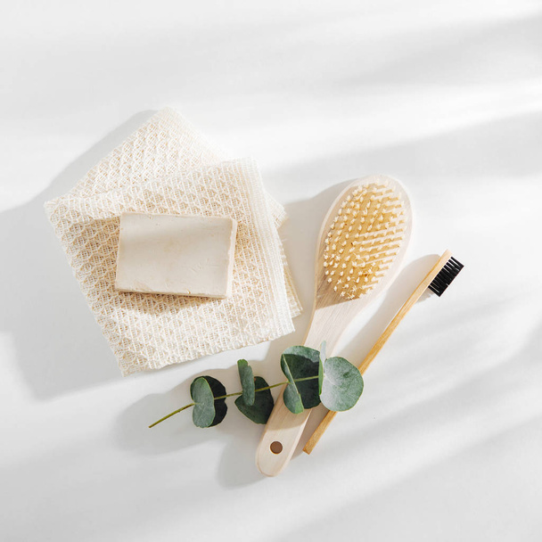 Soap Eco Bag, bamboo toothbrush, natural brush Eco cosmetics products and tools. Zero waste, Plastic free. Sustainable lifestyle concept - Zdjęcie, obraz
