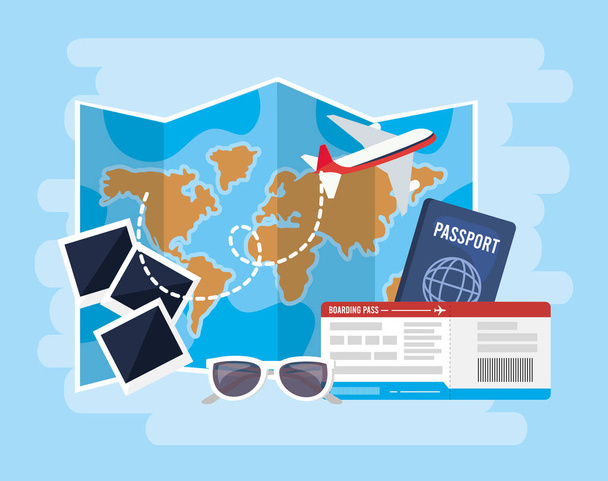mappa globale con aereo e passaporto con biglietti
 - Vettoriali, immagini