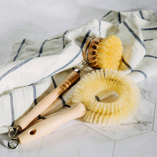 Dish washing brushes. Eco friendly.. Zero waste concept. Plastic free. Flat lay, top view  - 写真・画像