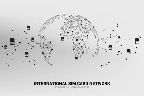 Rede do cartão do sim do polígono do vetor conecte a linha à forma do mapa do mundo. Conceito para serviço internacional de cartão SIM e rede
. - Vetor, Imagem
