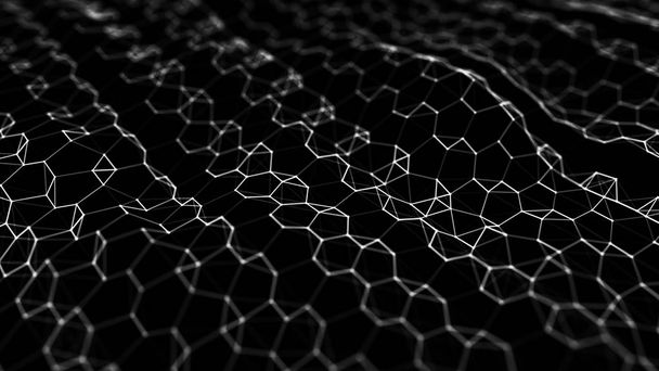 Futuristico sfondo esagonale nero. Futuristico concetto a nido d'ape. Ondata di particelle. rendering 3D. Antecedenti tecnologici
 - Foto, immagini